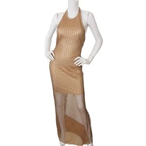 Kalayci NWT Gold Open Mesh Halter Maxi Dress Festival Party UK 6 US 2